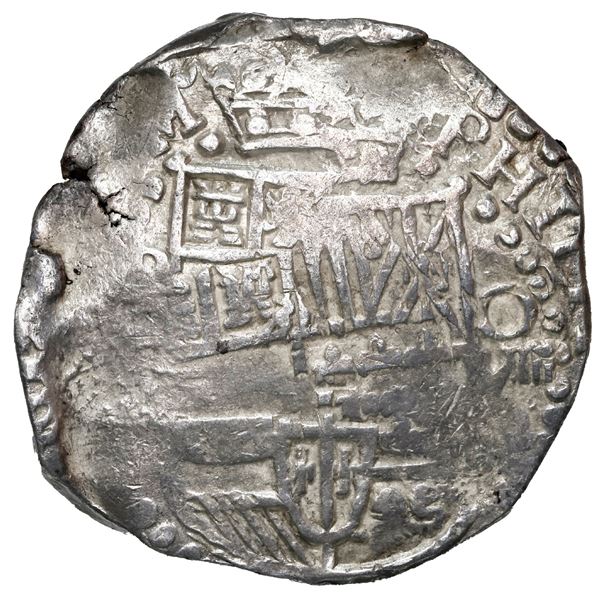 BOLIVIA, Potosí, cob 8 reales, Philip IV, assayer T or P (late 1620s), "hunched over" lions, ex-Pont