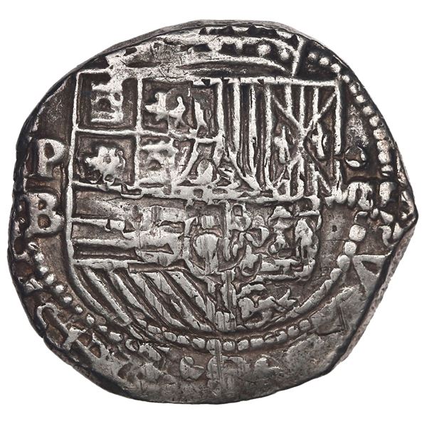 BOLIVIA, Potosí, cob 4 reales, Philip II, assayer B (5th period), border of x's reverse.