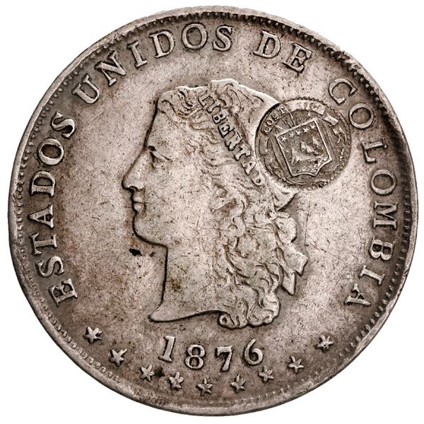 COSTA RICA, 50 centavos, "lion" double countermark (Type VII, 1889) on a Medellín, Colombia, 50 cent