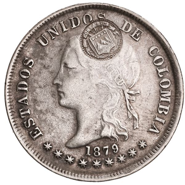 COSTA RICA, 50 centavos,  lion  double countermark (Type VII, 1889) on a Bogotá, Colombia, 50 centav