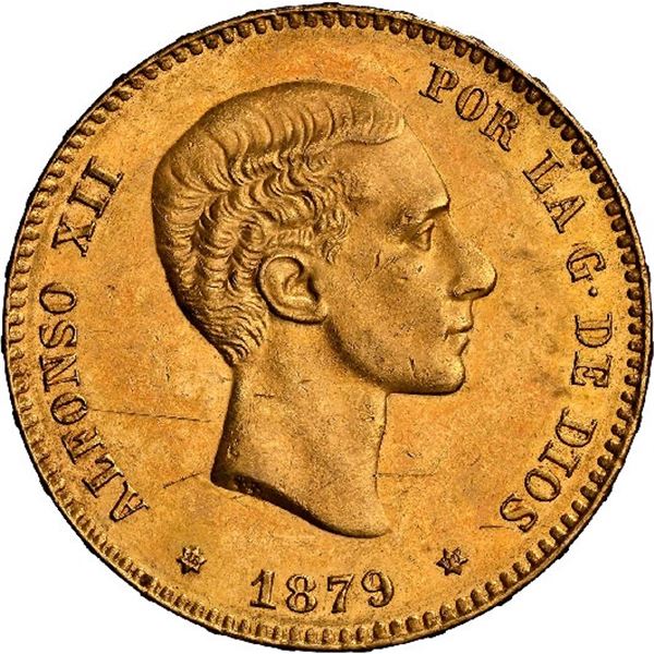 SPAIN, Madrid, gold 25 pesetas, Alfonso XII, 1879 EM-M, with 18-79 inside stars, NGC UNC details / o