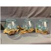 Image 2 : 3 HANDMADE MOLTEN GLASS BOWLS ON TEAK WOOD BASES
