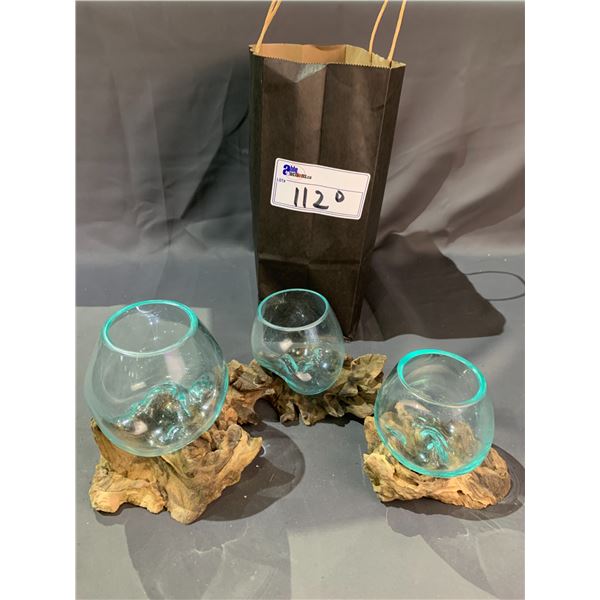 3 HANDMADE MOLTEN GLASS BOWLS ON TEAK WOOD BASES