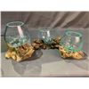 Image 2 : 3 HANDMADE MOLTEN GLASS BOWLS ON TEAK WOOD BASES