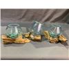 Image 2 : 3 HANDMADE MOLTEN GLASS BOWLS ON TEAK WOOD BASES