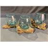 Image 2 : 3 HANDMADE MOLTEN GLASS BOWLS ON TEAK WOOD BASES