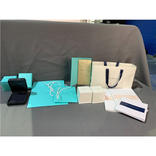 ASSORTED TIFFANY AND DE BEERS BOXES AND BAGS INCLUDING TIFFANY ENVELOPES