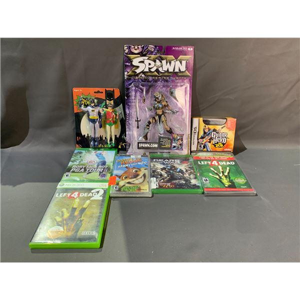 MCFARLANE SPAWN DOMINA FIGURE, BATMAN & ROBIN BENDABLE FIGURES & ASSORTED VIDEO GAMES
