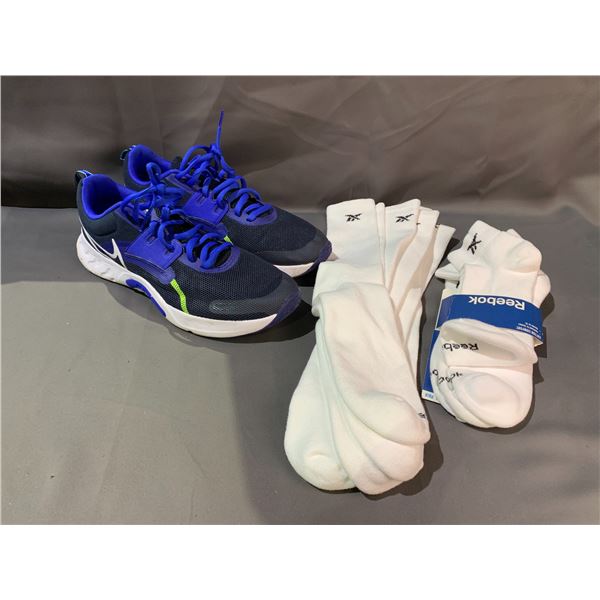 2 BOXES 1 PAIR NIKE RUNNERS. MENS SIZE 13. RENEW, MODEL DA1350-400 5 PAIR REEBOX SOCKS. MENS