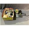 Image 1 : BOX OF ASSORTED ITEMS INCLUDING; VINTAGE GENERAL ELECTRIC RECORDER, VINTAGE VIVITAR FLASH, LEUPOLD