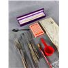 Image 2 : Misc Lot - Kits Beach Print, Western Airlines Playing Cards, BoyScout Pins, Nabob Coffee Measurer & 