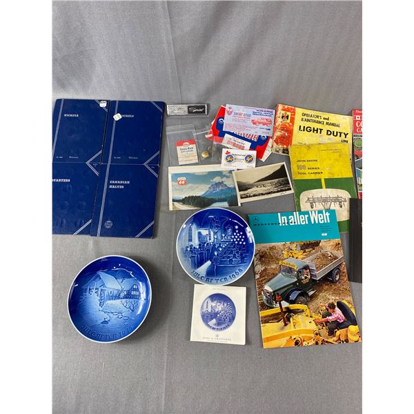 Vintage Lot - Coin Holder Books, Ephemera, Pins, Porcelain Bing & Grondahl Collector Plates & More