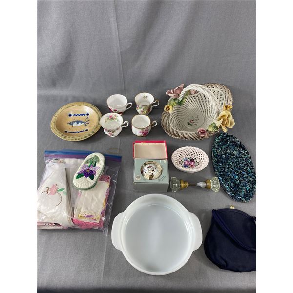 Nice Vintage Lot - QE II Jubilee Pomander, Abalone Inlay Dish, Tea Cups (Some Royal Albert) Itallian