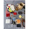 Image 2 : Misc Lot - Vintage Beverage Coasters, Wood Carved Animals, RCMP Buttons, Vintage 2 Hole Punch & More
