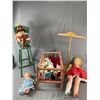 Image 1 : Vintage Toy Lot - Wood Doll Crib & High Chair, Tall Vinyl Doll & More