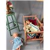 Image 2 : Vintage Toy Lot - Wood Doll Crib & High Chair, Tall Vinyl Doll & More