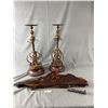 Image 1 : Vintage Burl Clock (28" W), 2 Candle Holders (Approx. 23 1/2" H) & Train On Railway Spike