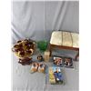 Assorted DVD's, Wood Handle Mugs On Tray, Coasters, Foot Stool, Green Pedestal Bowl & More