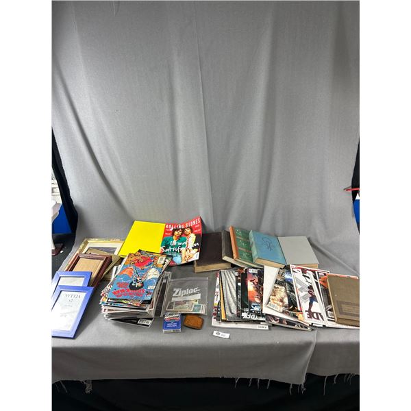 Lot Of Comic Books On Board In Bag, Vintage Books, Assorted Sized Picture Frames & More