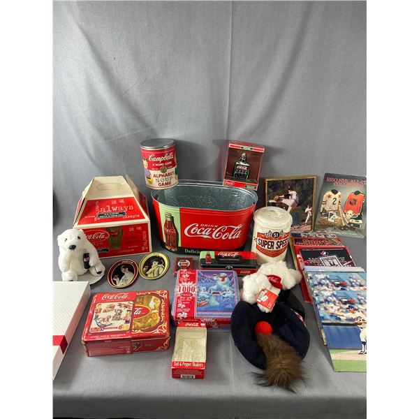 Lot Of Coca Cola Collectibles, Collectible Cans, NHL Books/Magazines & More