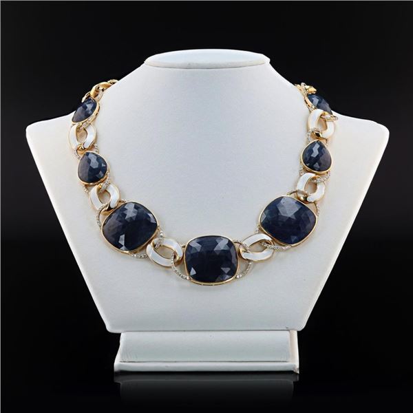 132.52 ctw UNHEATED Blue Sapphire and 6.08 ctw Diamond 18K Yellow Gold Necklace