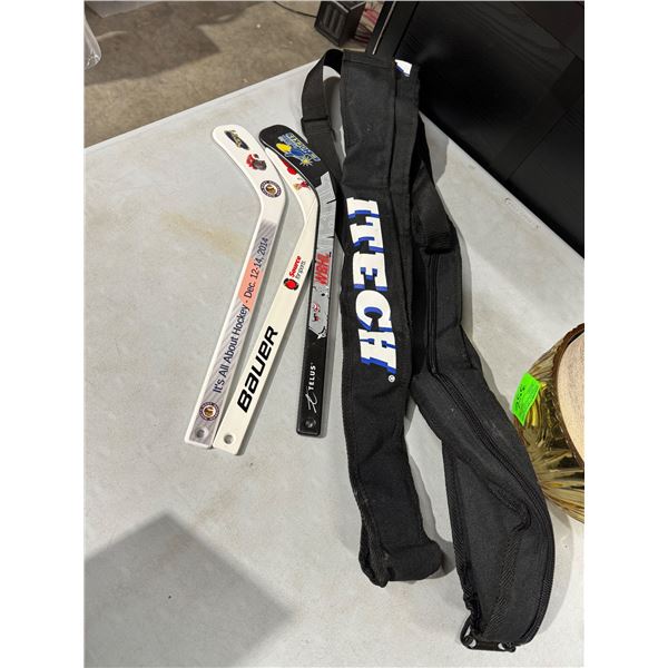Hockey stick bag and 3 mini sticks