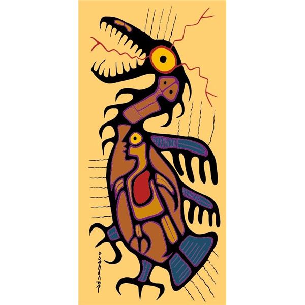 Norval Morrisseau - "Thunderbird Awakening" Giclee Canvas 17 x 38" - Cree Syllabic Plate Signature