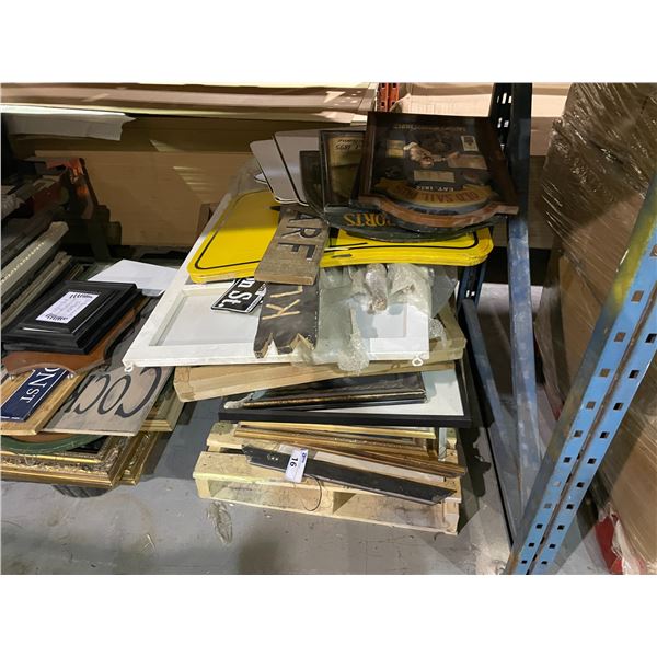 PALLET OF VARIOUS FRAMED ARTWORK, SIGNS, & MIRRORS