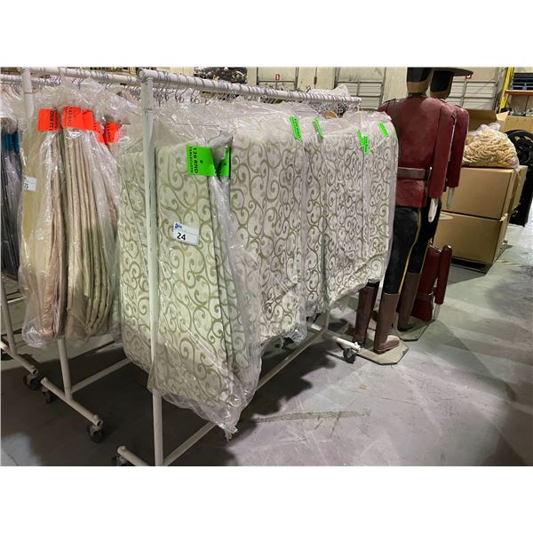 RACK OF VARIOUS DECORATIVE EVENT TABLE CLOTHS *ROLLING RACK NOT INCLUDED*