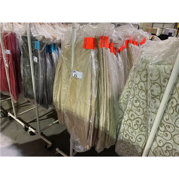 RACK OF VARIOUS DECORATIVE EVENT TABLE CLOTHS *ROLLING RACK NOT INCLUDED*