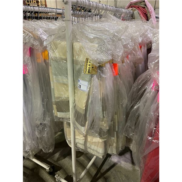 RACK OF VARIOUS DECORATIVE EVENT TABLE CLOTHS *ROLLING RACK NOT INCLUDED*