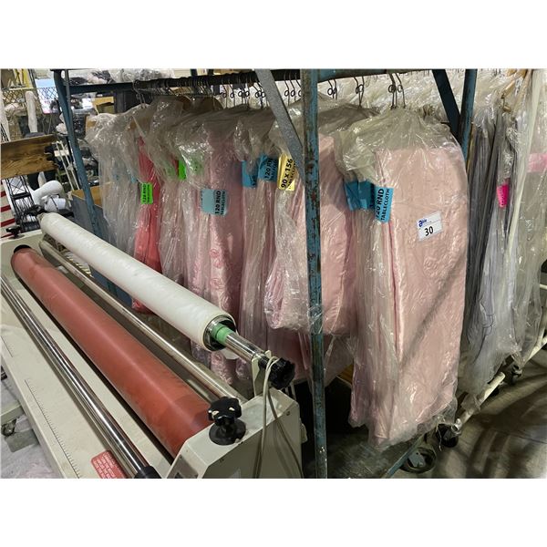 RACK OF VARIOUS DECORATIVE EVENT TABLE CLOTHS *ROLLING RACK NOT INCLUDED*