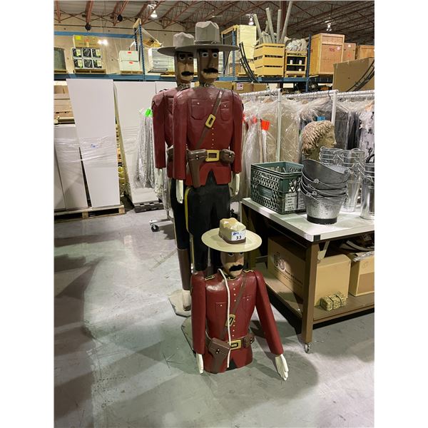 3 WOODEN 80" TALL ROYAL CANADIAN MOUNTED POLICE STATUES *ONE MISSING LEGS*