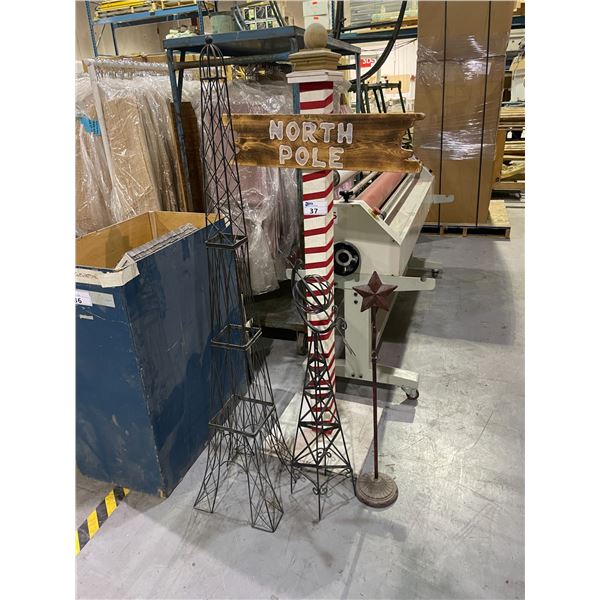 NORTH POLE SIGN, METAL EIFFEL TOWER DECORATION, & METAL MINIATURE WEATHER VAIN
