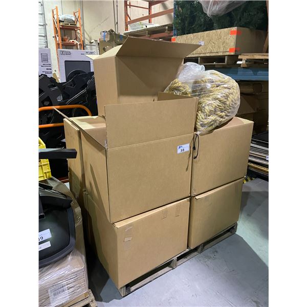 PALLET OF ASSORTED DECORATIVE ITEMS, DRAPES, & ROPE