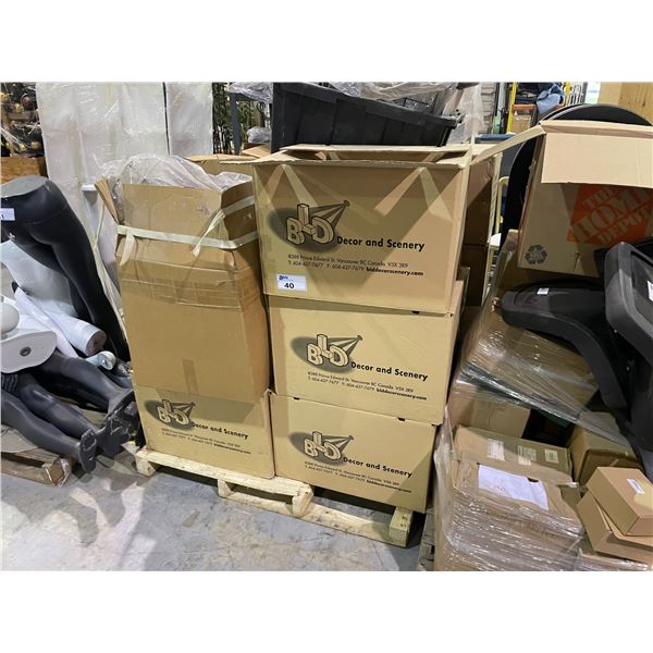 PALLET OF SUSPENDED RACKS, METAL PENDANTS, HATS & ASSORTED DECORATIVE ITEMS