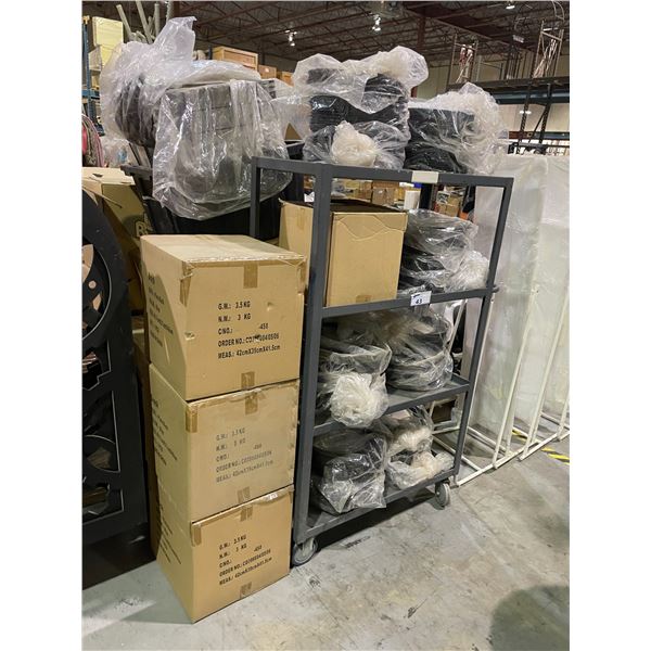 SHELF OF ASSORTED EVENT PLATES & 3 BOXES OF PLATE RACKS *GREY METAL MOBILE RACK NOT INCLUDED*