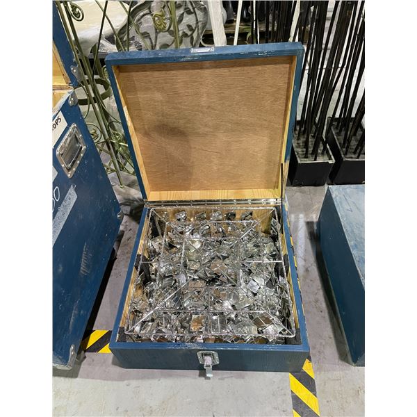4 SMALL TRANSPORT CRATES WITH SQUARE GLASS EVENT CHANDELIERS *TRANSPORT CRATES INCLUDED*