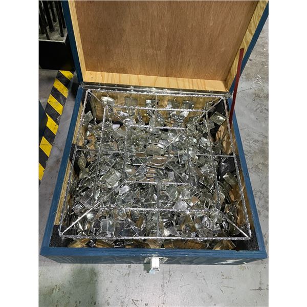 4 SMALL TRANSPORT CRATES WITH SQUARE GLASS EVENT CHANDELIERS *TRANSPORT CRATES INCLUDED*