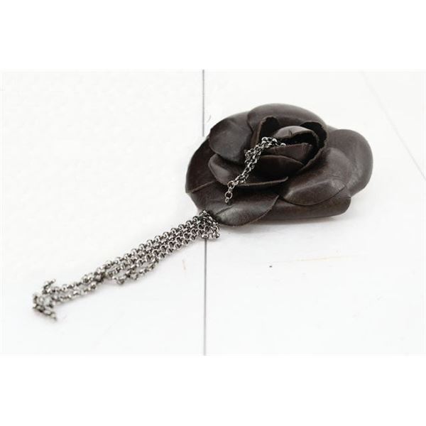 Chanel Black Calfskin Leather Silver-tone Camellia Flower Corsage Brooch