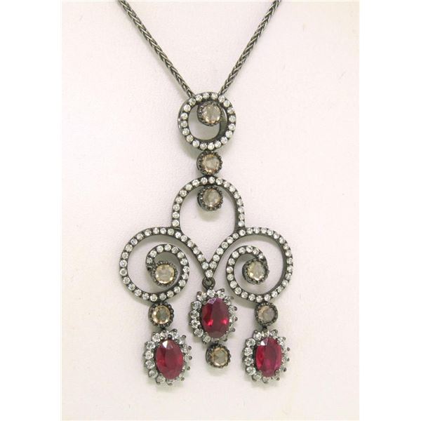 18k Black Gold 4.39 ctw Rose Diamond & Blood Ruby Edwardian Style Necklace Penda