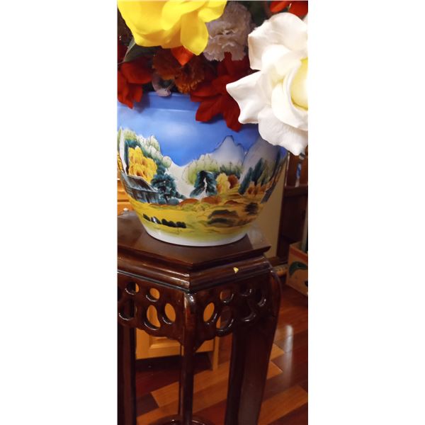 Decorative Silk Flowers And Hand Painted Ceramic Vase Wood Stand Not Included