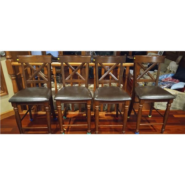 Set Of 4 Leather And Wooden Bar Chairs