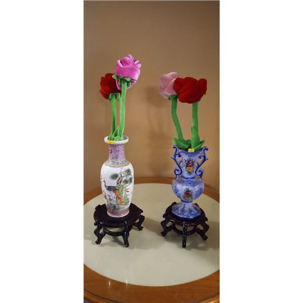 Two Chinese Vases With Faux Flowers And Wooden Stands