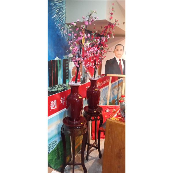 Pair Chinese Vase With Silk Flowers And Polished Wooden Stand 85T