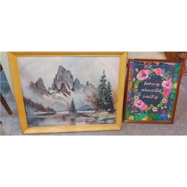 Framed Mountain Print 25 x 21 And Embroidery Art 17 x 21