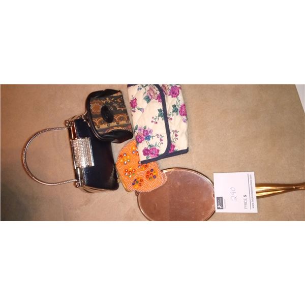 Vintage Hand Held Mirror With Clutch Bag And Assorted Womens Change Purses