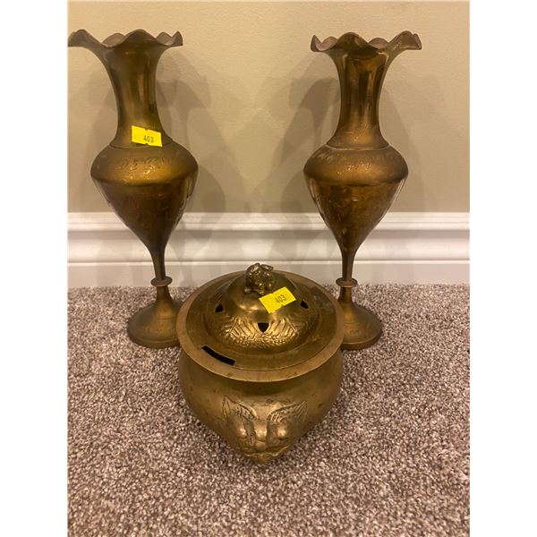 Set Of Decorative Brass Vases And Jar