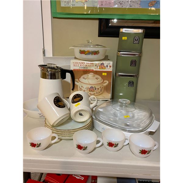 Assorted Corning ware And Vintage Tins