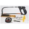 Image 1 : FLAT OF TOOLS INCLUDING HACK SAW, LUFKIN 50'